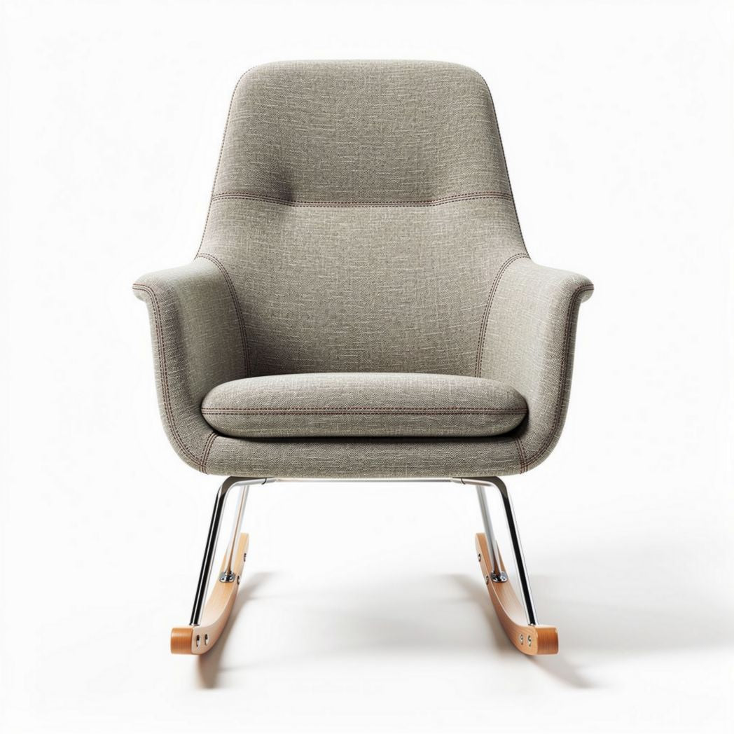 Rocking chair in gray fabric with wooden base measures 80 x 70 x 90cm
