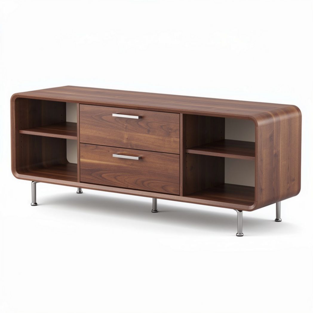 Wooden entertainment center with two drawers and open shelving in walnut finish 120 x 40 x 50cm