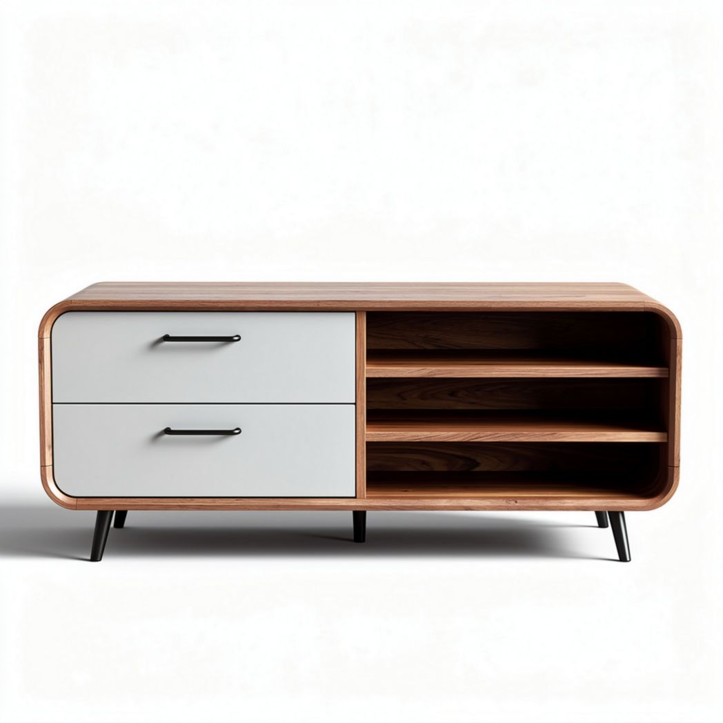 Modern wooden coffee table with storage drawers and open shelves 120 x 50 x 40cm