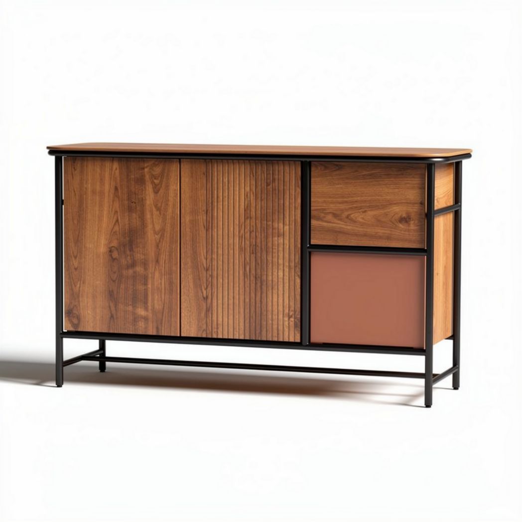 Wooden sideboard cabinet with metal frame and storage compartments 150 x 40 x 80cm