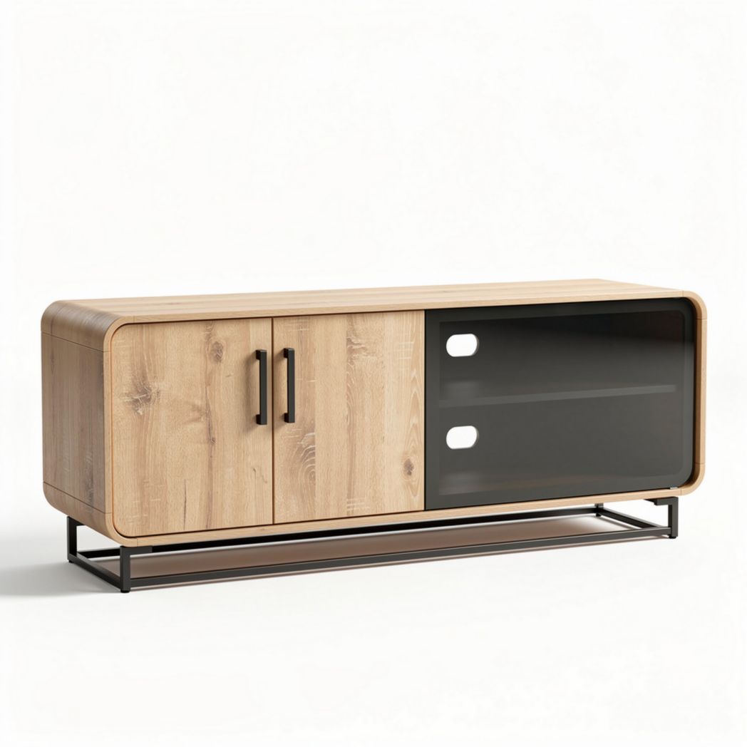 Wooden media console with black glass door and metal frame 150 x 45 x 50cm
