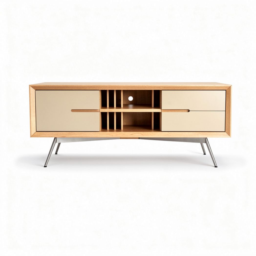 Modern wooden media console with two drawers and open shelving 150 x 40 x 50cm