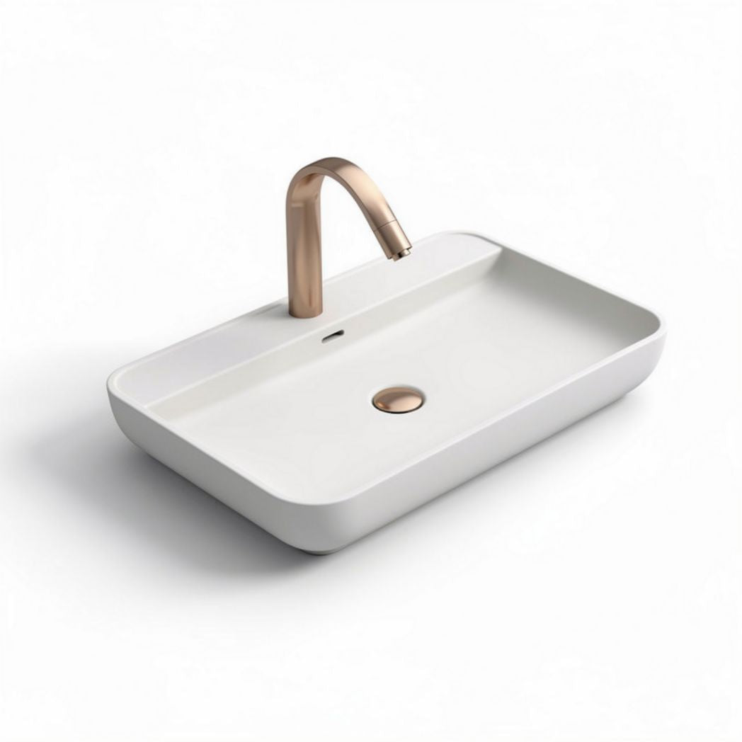 Vessel sink with rose gold faucet and ceramic basin 50 x 30 x 15cm