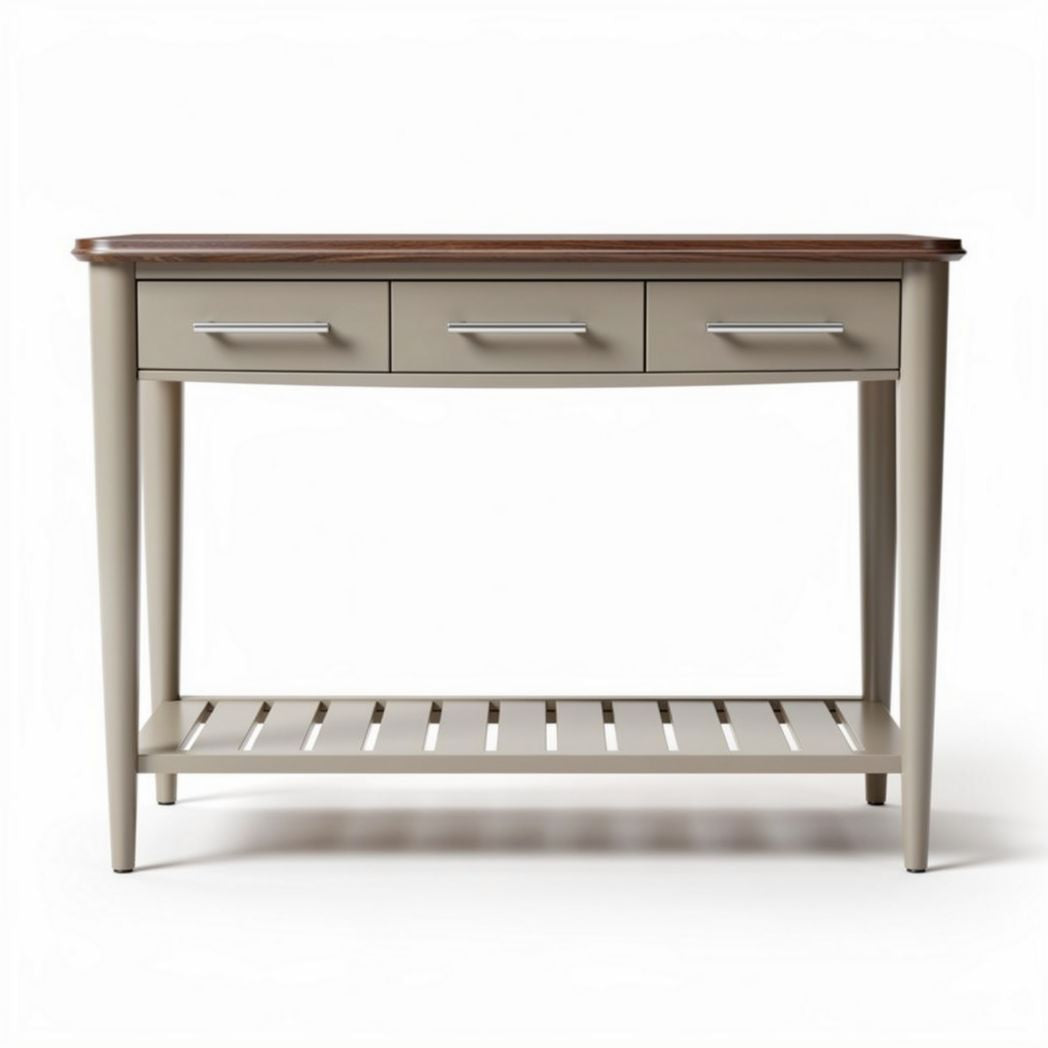 Wooden console table with three drawers and lower slatted shelf 120 x 40 x 80cm