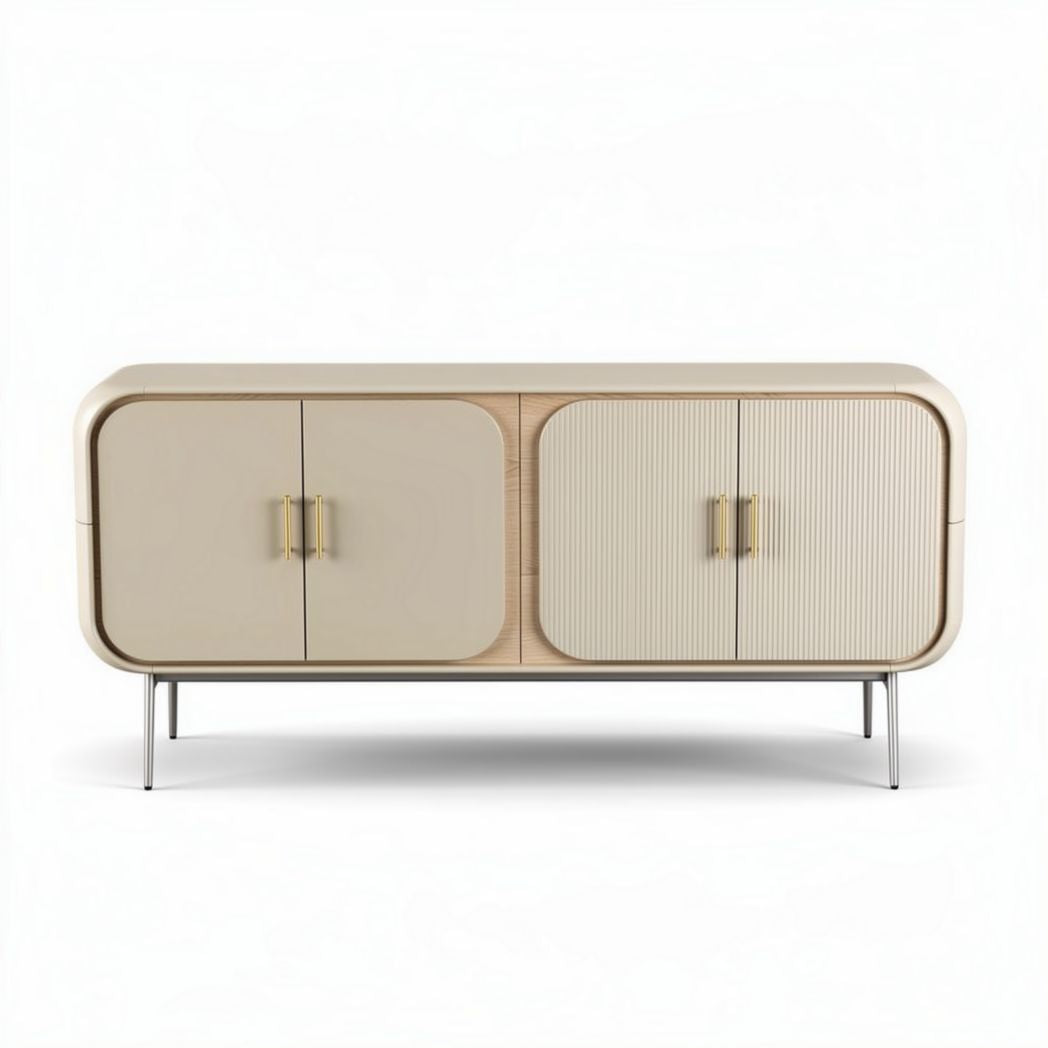 Wooden sideboard with two doors in beige finish and metal legs 150 x 45 x 75cm