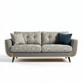 Modern fabric sofa with patterned upholstery and wooden accents in gray and beige