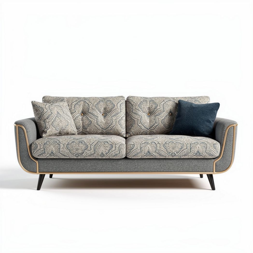 Modern fabric sofa with patterned upholstery and wooden accents in gray and beige